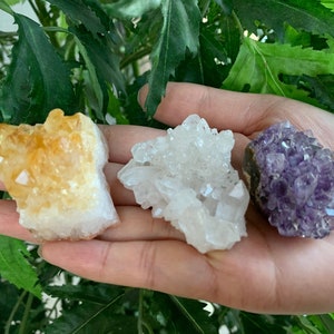 3 piece healing crystals: citrine, amethyst & clear quartz crystal clusters geodes (amethyst cluster, citrine cluster, clear quartz cluster)