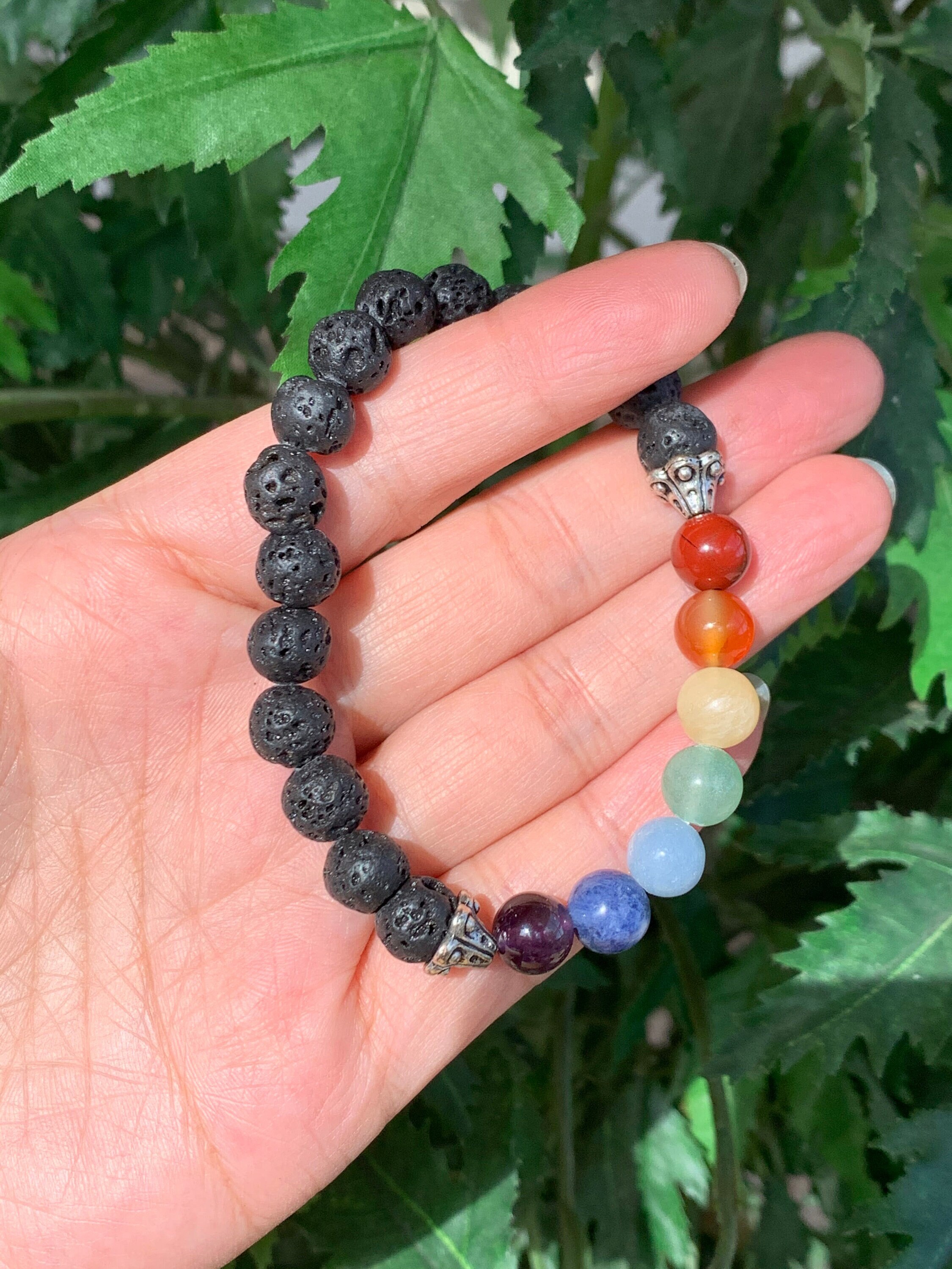 Multi-Colored Natural Semi Precious Stones Rainbow Chakra Beads Stretch Bracelet, 6.5 (Lava Stone Chakra)