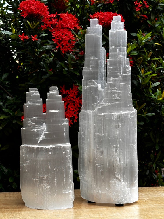 Larg or Extra Large Twin Tower Selenite Skyscraper Lamp 10 to 17