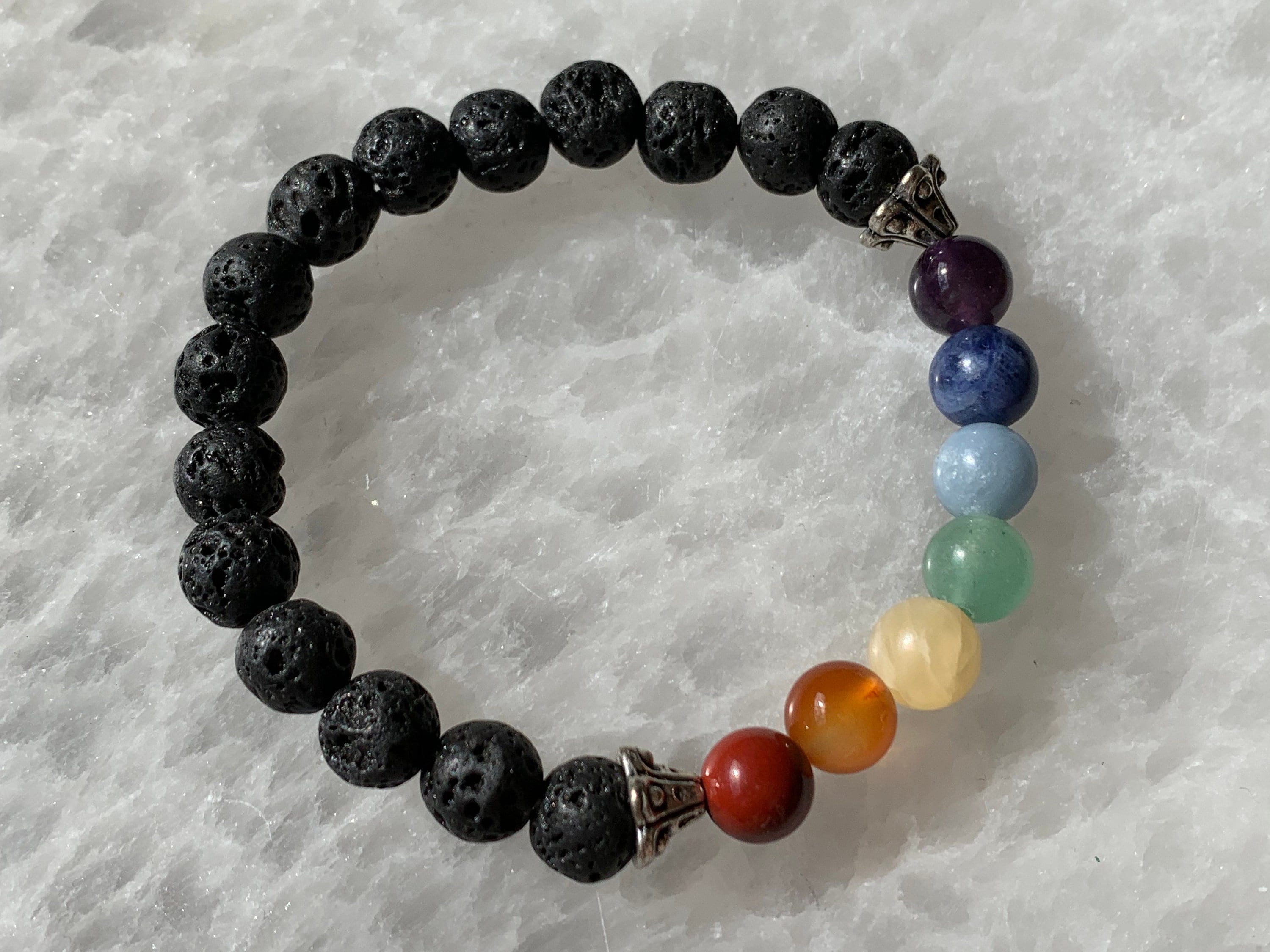 Certified 7 Chakra 8mm Natural Stone Bracelet With Lava Stone