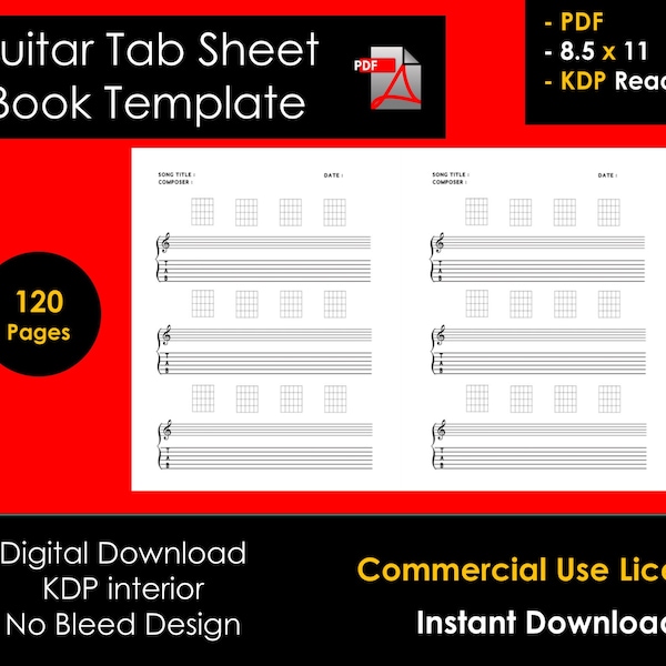 Digital Guitar Tab Sheet Book Template (Guitar Tab Sheet) 8.5 x 11 (PDF) (120 Pages) - | Digital Download | KDP interior