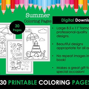 Summer Coloring Pages, 30 Pages, Printable kids Coloring Pages, Coloring Pages for Kids, Summer Coloring Page pdf, Instant Download