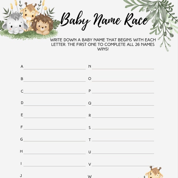 Baby Shower Game, Baby Name Race Game, Alphabet Name Game, Digital Download Baby Shower Game, Safari Theme Baby Shower