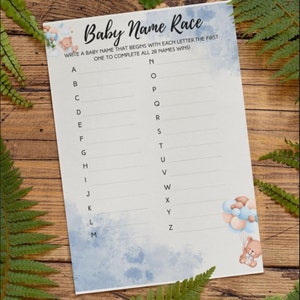 Baby Name Race, Alphabet name game, Baby shower game, A-Z Baby Name Game, Bear Theme Baby Shower Game