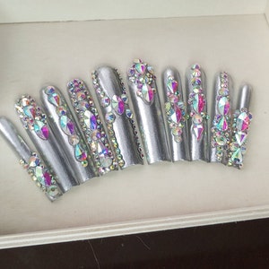 Chrome & Stones bling press on temp nails, fashion nails, glam nails, xxxl square, fancy, silver, celebration, cosplay, luxury glue on nails