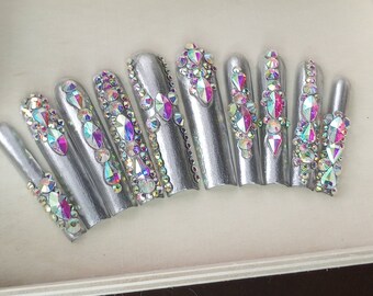 Chrome Rhinestone Press On Nails, Silver XXXL Square Glam Nails