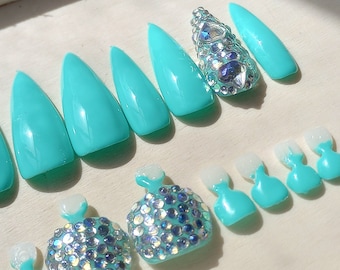 Turquoise Rhinestone Press On Nails, Stiletto Glam Mani/Pedi Set