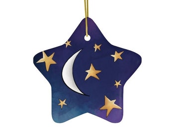 Moon and Stars Ornament, Christmas Ornament, Ceramic Ornament, Celestial Ornament for Her, Stocking Stuffer, Secret Santa Gift