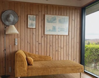 Golden Ochre Corduroy Chaise Longue, Mid-Century Daybed Sofa, Custom Upholstered Lounge Furniture