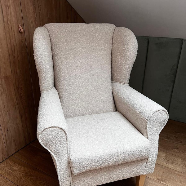 Boucle Wingback fauteuil / Sessel / Ohrensessel Soft Teddy matière + Coussin sur mesure