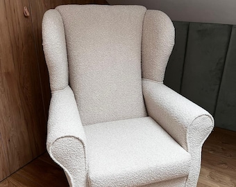 Boucle Wingback armchair/ Sessel / Ohrensessel  Soft Teddy material + Cushion Custom made