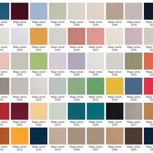 May include: A color chart of 48 fabric swatches, each labeled with a number and the words "Magic Velvet". The swatches are arranged in a grid of six rows and eight columns. The colors range from deep blue to bright orange.