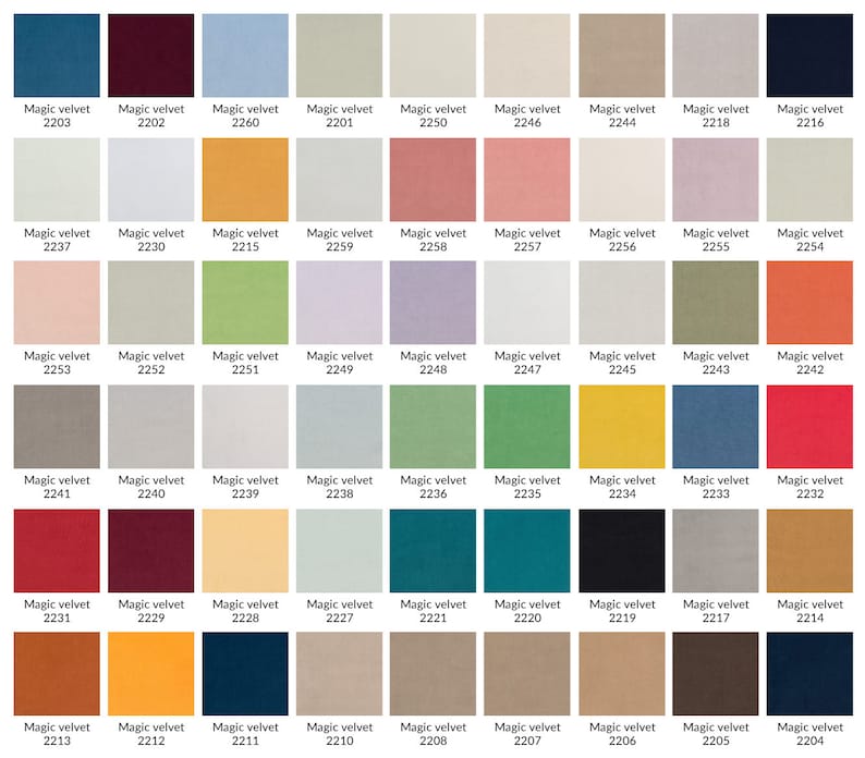 May include: A color chart of 48 fabric swatches, each labeled with a number and the words "Magic Velvet". The swatches are arranged in a grid of six rows and eight columns. The colors range from deep blue to bright orange.