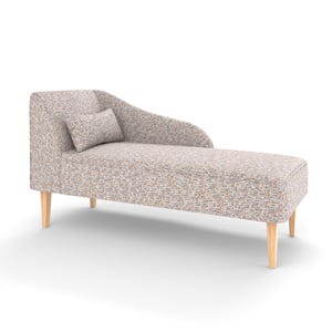 May include: A light grey chaise longue with a curved back and wooden legs. The chaise longue is upholstered in a patterned fabric with a light grey, beige, and brown colour scheme.