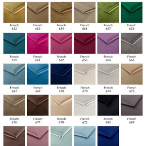 May include: A color chart of French velvet fabric swatches. The swatches are arranged in rows and columns, with each swatch labeled with a number. The colors include beige, green, pink, blue, brown, gray, and white.