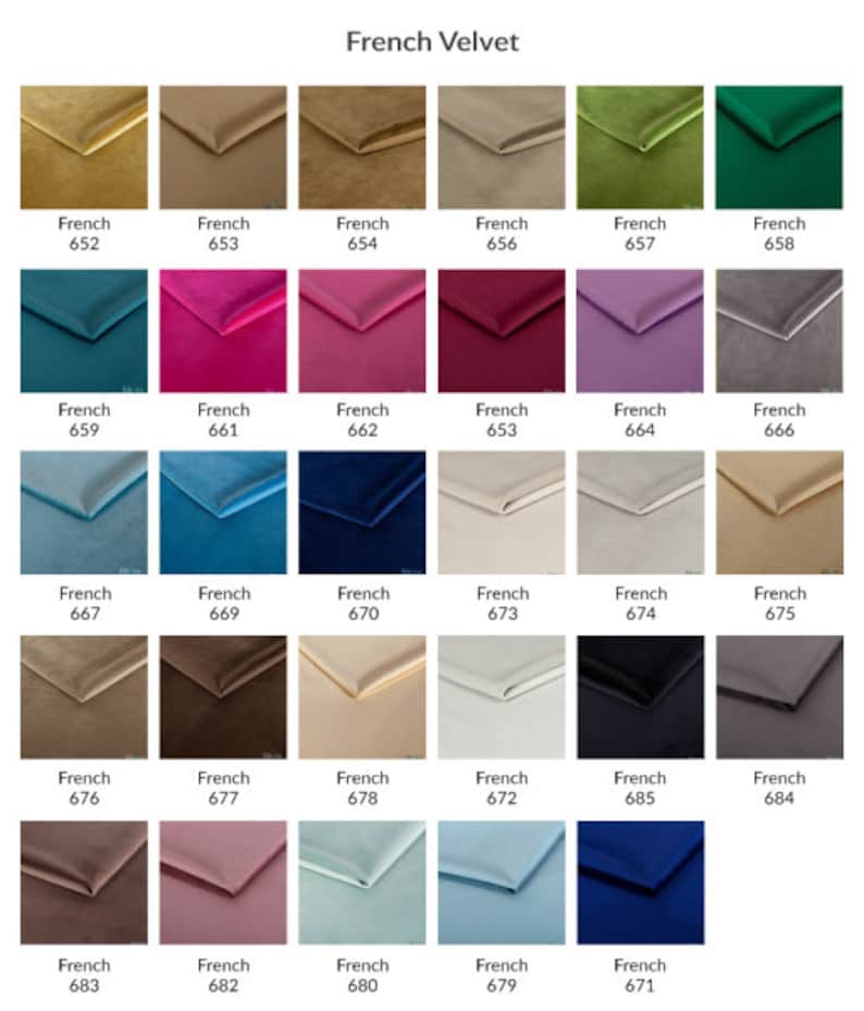 May include: A color chart of French velvet fabric swatches. The swatches are arranged in rows and columns, with each swatch labeled with a number. The colors include beige, green, pink, blue, brown, gray, and white.