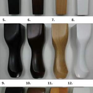 May include: Twelve different chair legs in four different finishes: black, dark brown, natural wood, and white. The legs are shown in two styles: straight and curved.