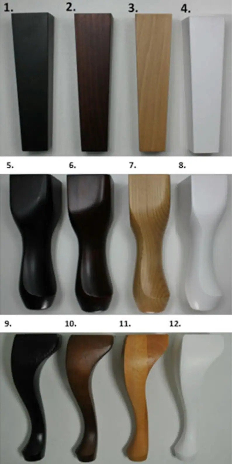 May include: Twelve different chair legs in four different finishes: black, dark brown, natural wood, and white. The legs are shown in two styles: straight and curved.