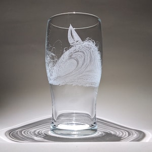 Hand Engraved Beer Glass - Sailing Pint Glass - Yacht Glass - Sailing Gift - Ocean Wave - Sailing Boat on a Wave - Gin - Prosecco - Beer