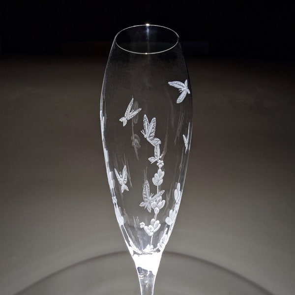 Lavender and Butterflies Prosecco Glass - Hand Engraved Champagne Glass - Personalized Lavender Glass - Special Engraved Wedding Gift