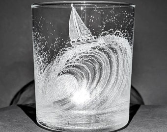 Hand Engraved Wave Whisky Glass - Yacht Glass - Sailing Gift - Ocean Wave - Sailing Boat on a Wave - Wave Tumbler - Hand Engraved Tumbler