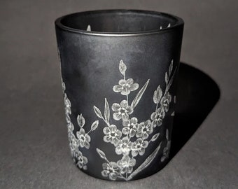 Forget Me Not Tealight Holder - Black Candle Holder - Forget Me Not Flowers - Black Decor - Black Tealight Holder - Hand Engraved Glass