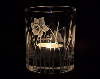 Daffodil Tealight Holder - Hand Engraved Candle Holder - Floral Glass - Flower Glass - Glass Art - Personalised Keepsake - Daffodil Lover