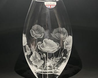 Poppy Vase - Hand Engraved Dartington Crystal Vase - Beautiful Glass Art - Flower Gift - Poppies - Wedding Gift