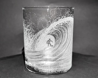 Hand Engraved Wave Whisky Glass - Surf Glass - Surfing Gift - Ocean Wave - Surfer In a Wave - Wave Tumbler - Hand Engraved Tumbler