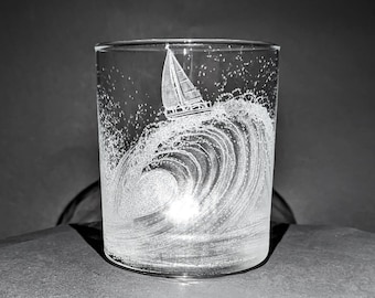 Hand Engraved Wave Whisky Glass - Yacht Glass - Sailing Gift - Ocean Wave - Sailing Boat on a Wave - Wave Tumbler - Hand Engraved Tumbler