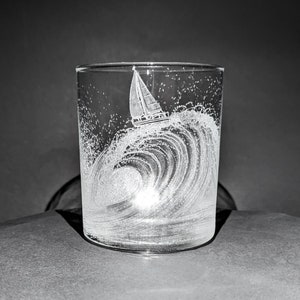 Hand Engraved Wave Whisky Glass - Yacht Glass - Sailing Gift - Ocean Wave - Sailing Boat on a Wave - Wave Tumbler - Hand Engraved Tumbler