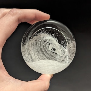 Hand Engraved Wave Paperweight - Surfing Glass - Surfer Gift - Ocean Wave - Surf Glass - Ocean Paperweight - Surfer Paperweight - Sea Glass