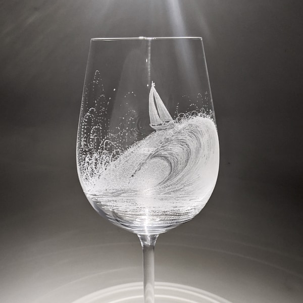 Hand Engraved Wave Wine Glasses - Sailing - Yacht Glass - Sailing Gift - Ocean Wave - Gifts for Him