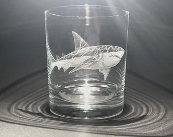 Customised Whisky Glasses - Sharks - Shark Gift - Hand Engraved Sharks - Shark Gifts - Glass Art - Shark Attack - Ragged Tooth Shark