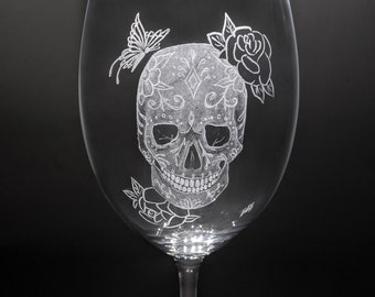 Sugar Skull - Candy Skull - Halloween Wine Glass - Halloween Glass - Halloween Gifts - Hand Engraved Glass - Sugar Skull Art - Skull glass