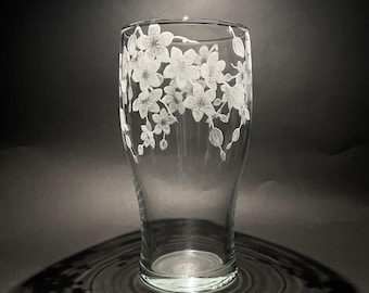 Cherry Blossom - Hand Engraved Glass - Pint Glass - Glass Art - Cherry Blossom Flowers - Engraved Beer Glass - Botanical Glass - Hand Etched