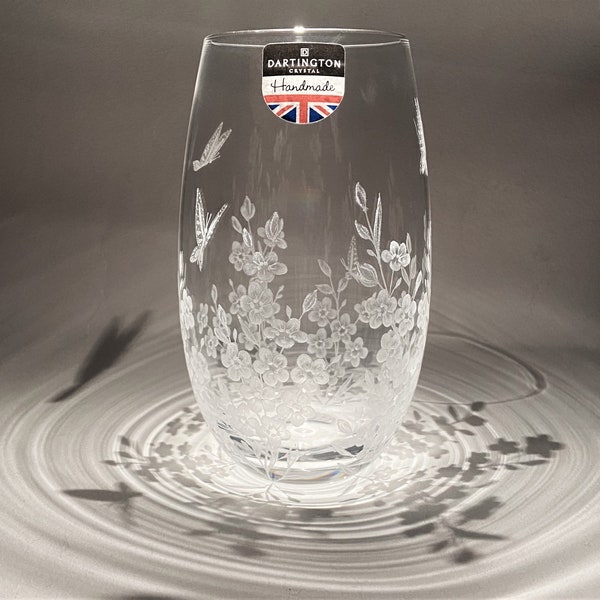 Forget Me Nots and Butterflies - Glass Engraved Vase - Crystal Vase - Glass Art - Flowers - Engraved Crystal - Botanical Vase