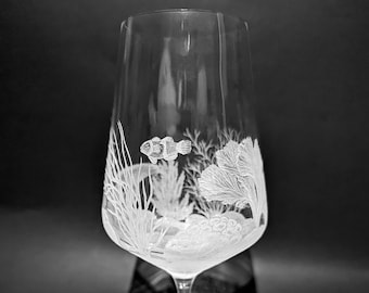 Hand Engraved Coral Reef Wine Glass - Ocean Theme, Personalized Gift