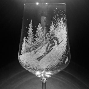 Customised Wine Glasses Skiing Skier Gift Hand Engraved Skier Skiing Gift Glass Art Mountians Gin Glass Prosecco Beer Glass image 1