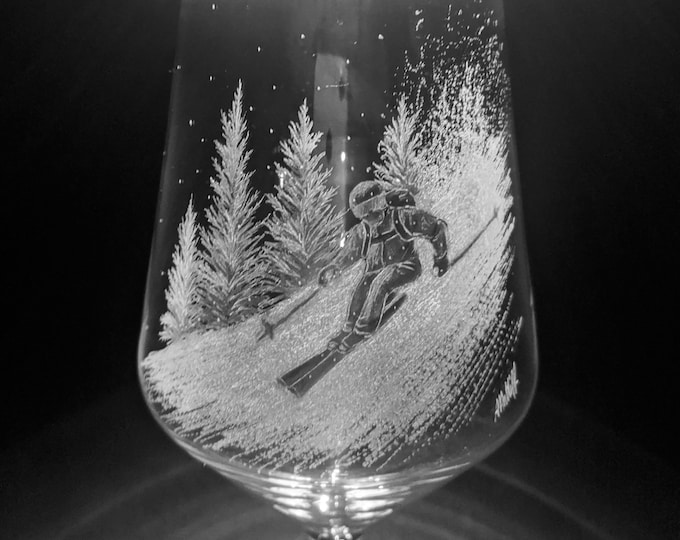 Customised Wine Glasses - Skiing - Skier Gift - Hand Engraved Skier - Skiing Gift -Glass Art - Mountians - Gin Glass- Prosecco - Beer Glass