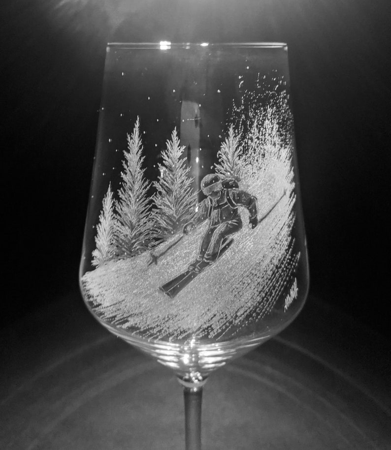 Customised Wine Glasses Skiing Skier Gift Hand Engraved Skier Skiing Gift Glass Art Mountians Gin Glass Prosecco Beer Glass image 1