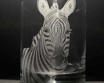 Hand Engraved Whisky Glass -Zebra Glass - Zebra Gift - Zebras - Zebra Lover Gift - Zebra Tumbler - Hand Engraved Tumbler - Glass Art