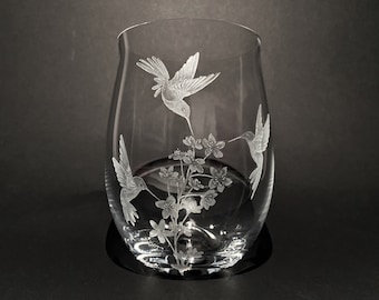 Hummingbirds - Customised Hand Engraved Glass - Cherry Blossom - Birds and Flowers - Flower Art - Bird Art - Stemless Wine Glass