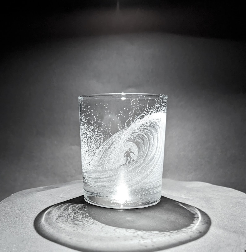 Hand Engraved Wave Whisky Glass Surf Glass Surfing Gift Ocean Wave Surfer In a Wave Wave Tumbler Hand Engraved Tumbler image 5