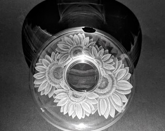 Girasoles grabados a mano - Portavelas de cristal - Regalo de girasol - Flores - Vidrio botánico - Vidrio grabado - Arte en vidrio