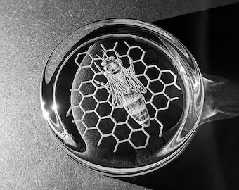 Queen Bee - Bee Paperweight - Honeycomb Paperweight - Engraved Paperweight - Glass Paperweight - Etched Paperweight - Bee Art - Glass Bee