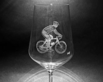 Hand Engraved Cyclist Wine Glass – Personalized Bike Gift, Cycling