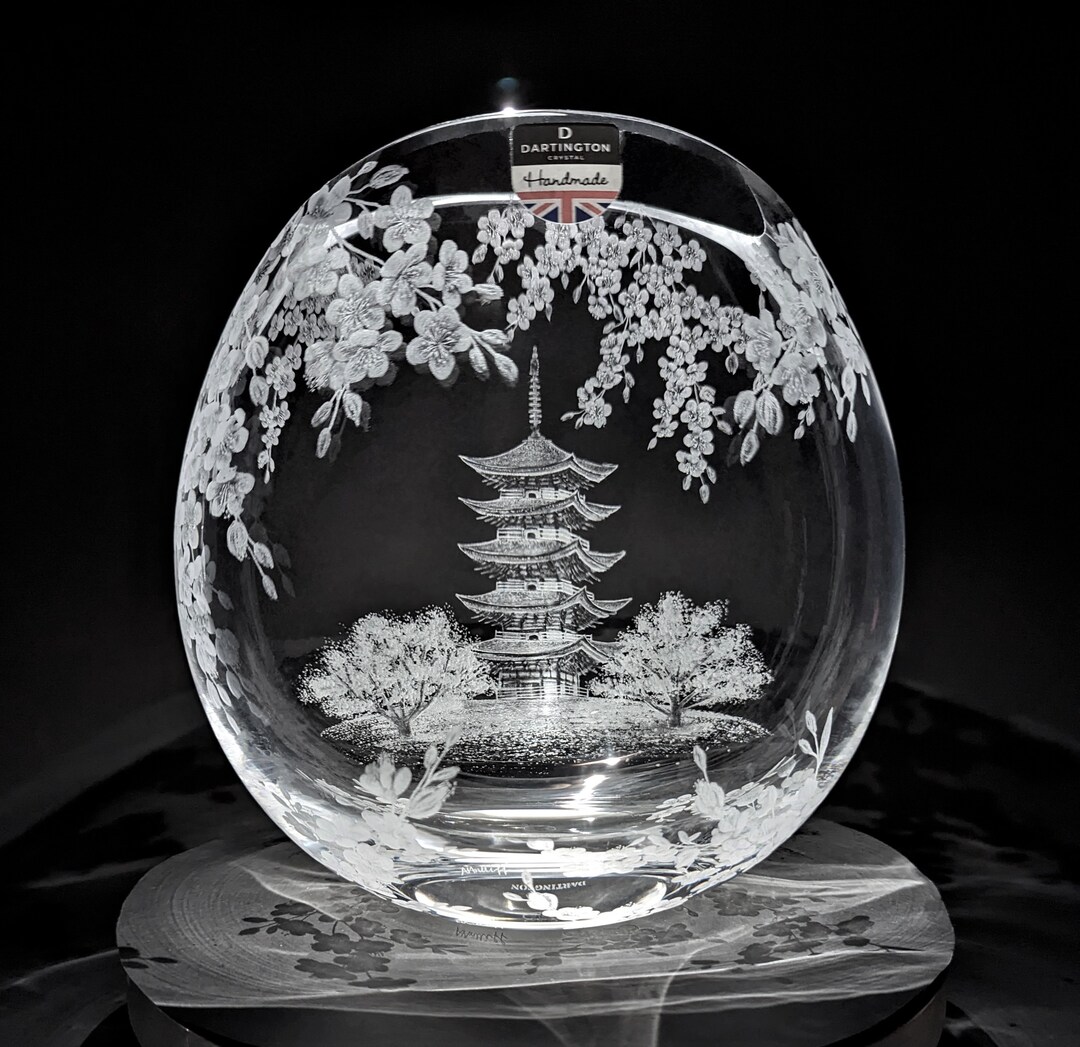 Japanese Temple Vase Cherry Blossom Hand Engraved Dartington Crystal Vase Glass Art Japan Gifts