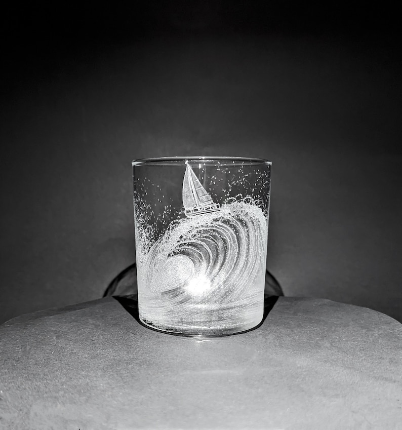 Hand Engraved Wave Whisky Glass Yacht Glass Sailing Gift Ocean Wave Sailing Boat on a Wave Wave Tumbler Hand Engraved Tumbler image 1
