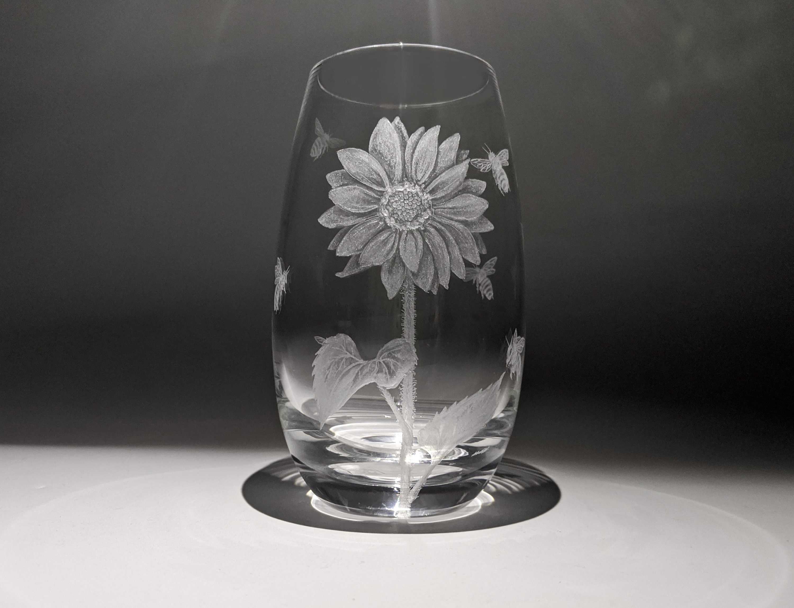 Small Hand Engraved Sunflower Vase - Flower & Bees Dartington Crystal, Glass Art
